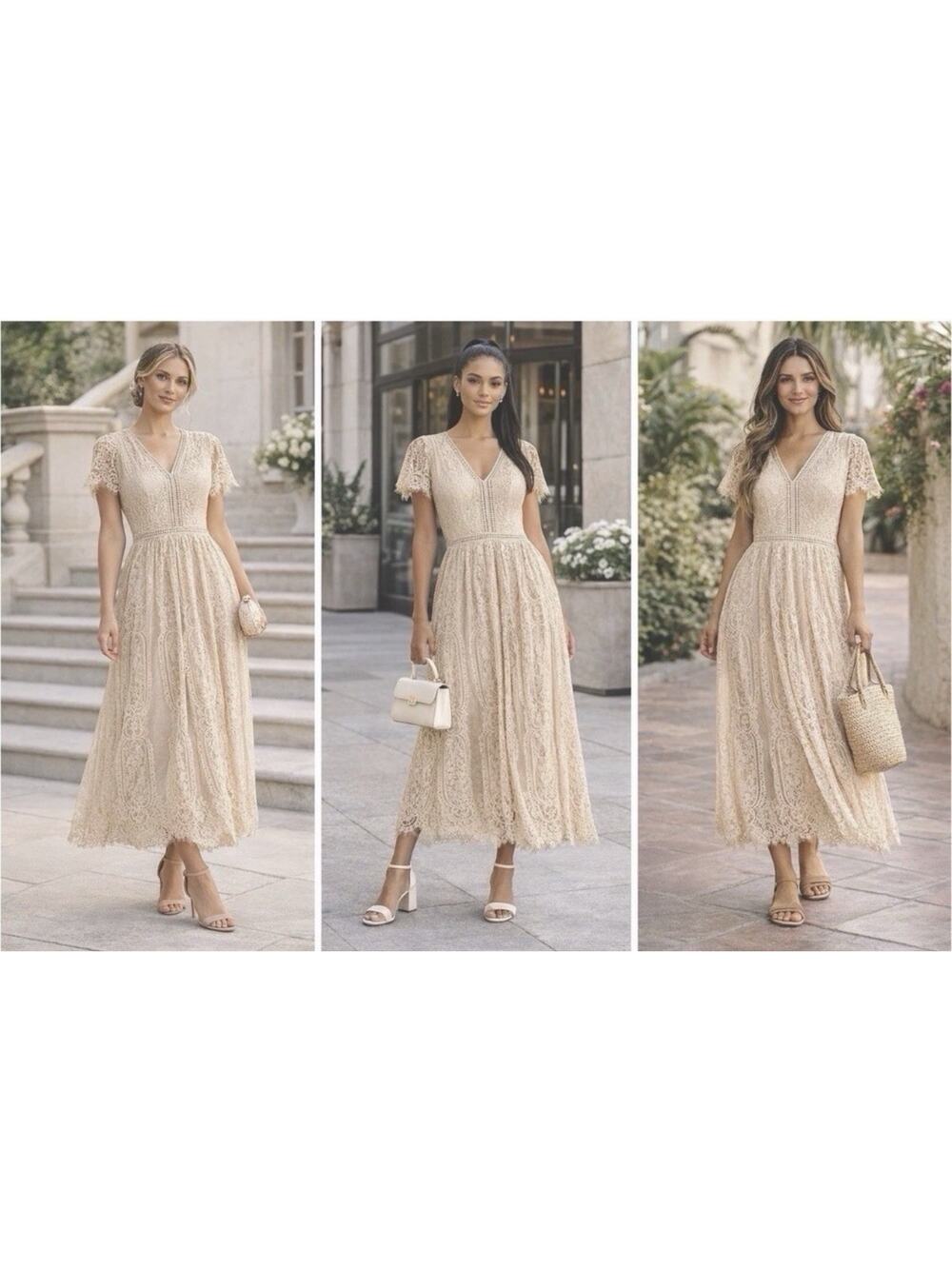 Merokeety NWT Maxi Dress Nude Sz S Short Sleeve Floral Lace Cottage Core Wedding